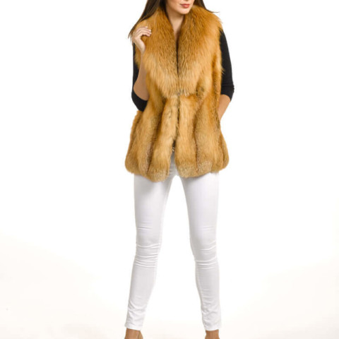 Daniella Red Fox Vest with Gold Fox Shawl Collar