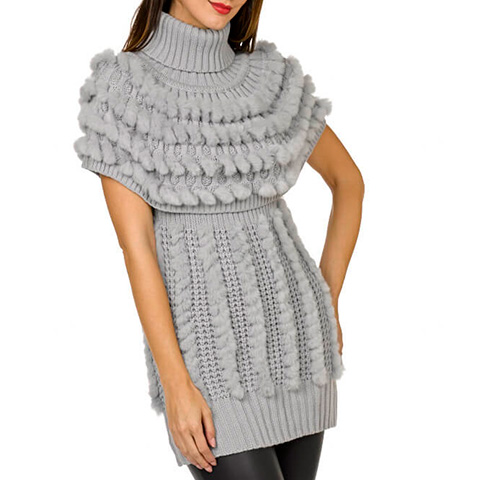 Sexy Grey Turtle Neck Rabbit Knit Dress