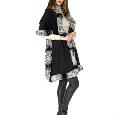 Lily Black Rex Rabbit Fur Trim Blanket Shawl
