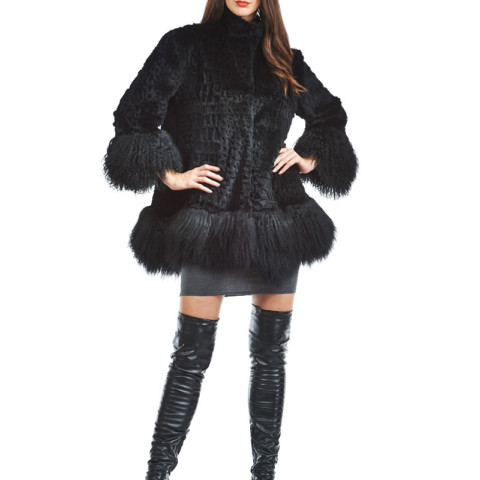 Elin Rex Rabbit Fur Coat with Mongolian Trim and Cuffs in Black