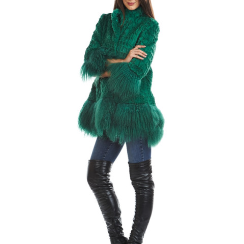 Elin Rex Rabbit Fur Coat with Mongolian Trim and Cuffs in Emerald