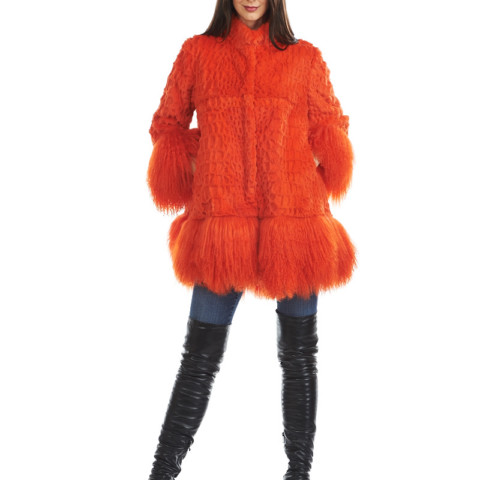 Elin Rex Rabbit Fur Coat with Mongolian Trim and Cuffs in Orange