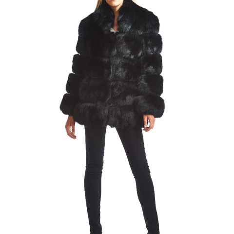 Mira Tiered Black Fox Fur Coat