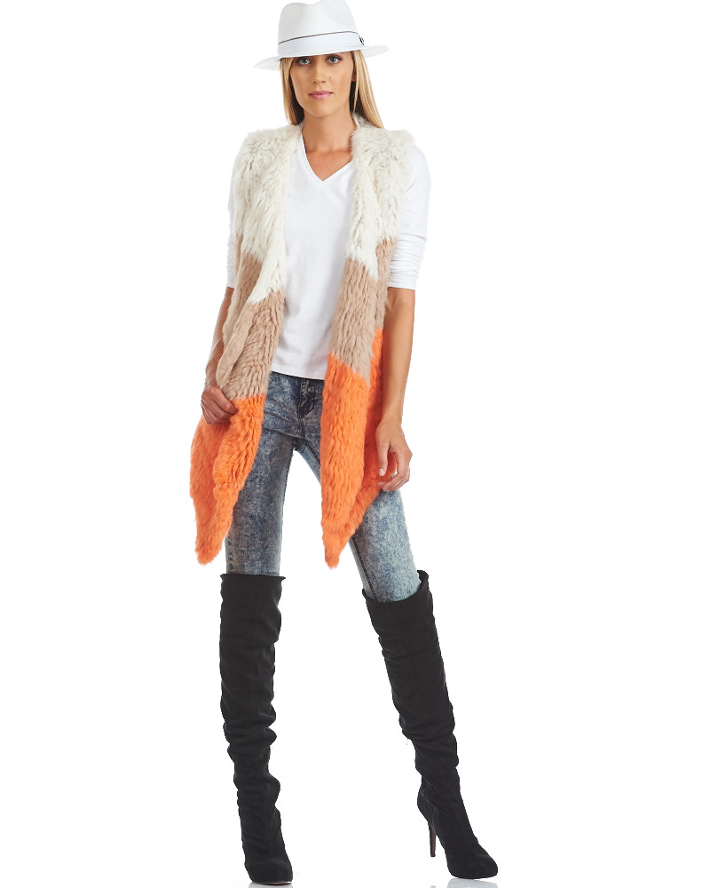 Ophelia Knit Rabbit Fur Color Block Vest