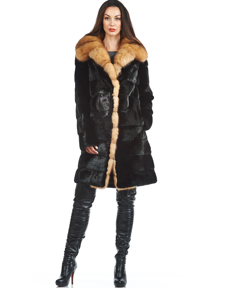 Remy Tiered Mink Fur Coat with Sable Trim