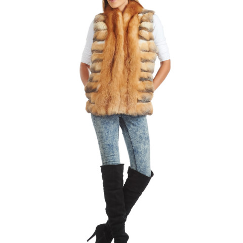 Ronda Tiered Swift Fox Fur Vest with Red Fox Trim